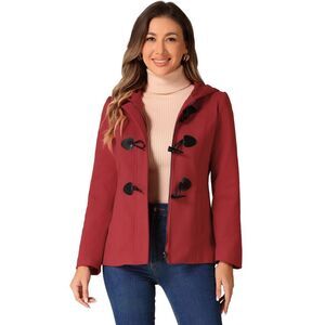 Casual Winter Outwear Hooded Button Toggle Pea Coat Red
